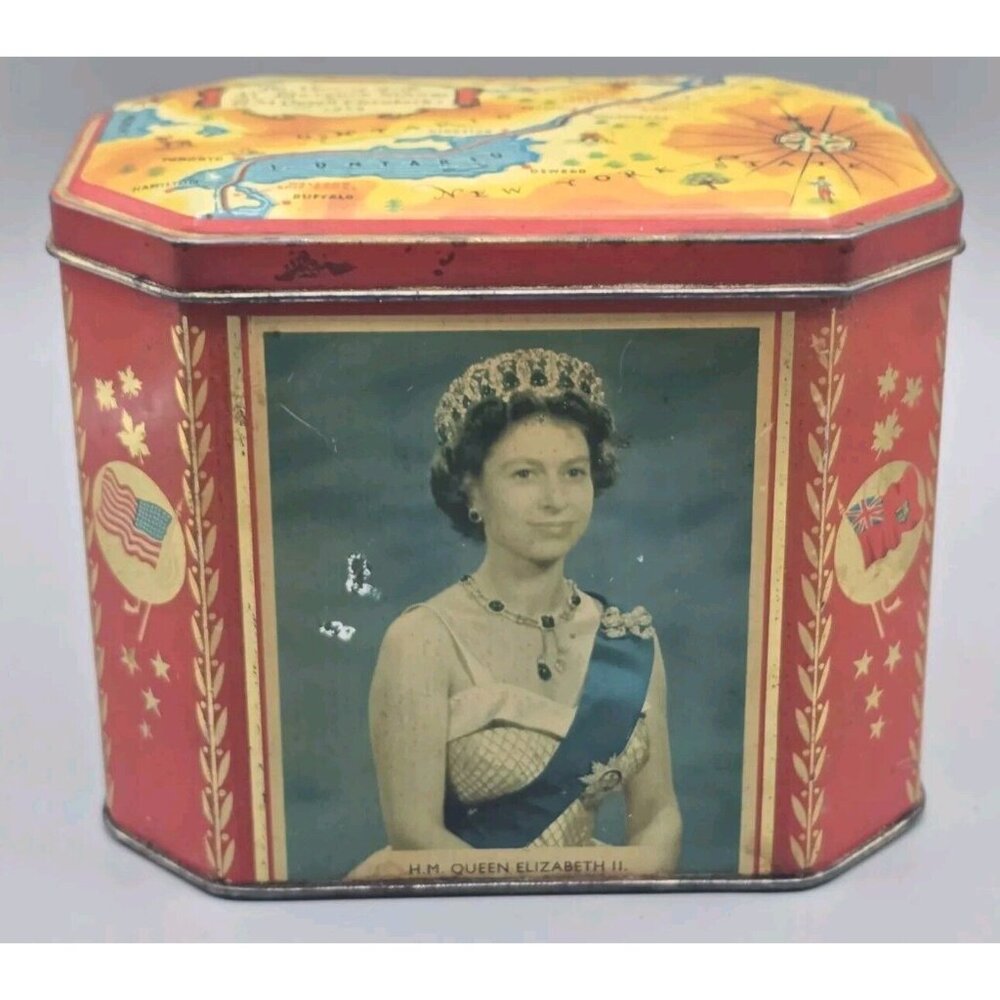 Queen‎ Elizabeth II Biscuit Tin 1956 Opening St. Lawrence Seaway Gray Dunn & Co